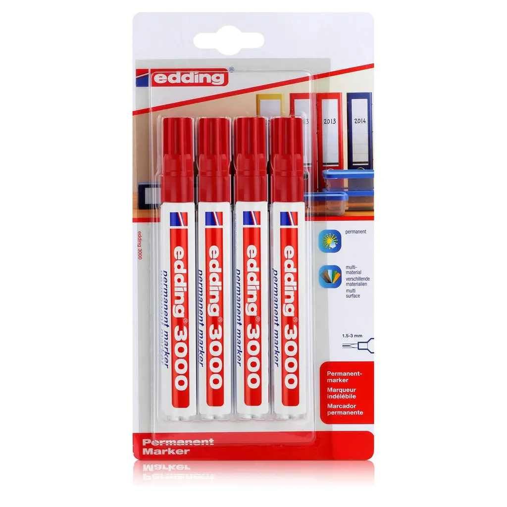 edding 3000 Permanent Marker 4er rot Spitze 1,5-3mm wasserfest (1er Pack)